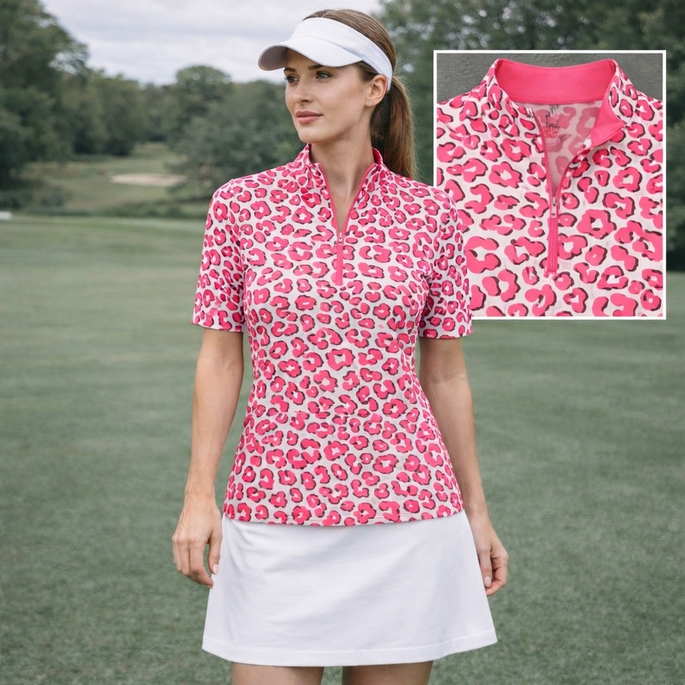 Tail Activewear Womens bright Pink Leopard‎ Print Quarter Zip Golf Polo Shirt